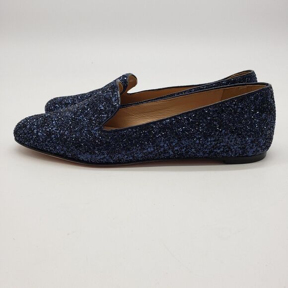J.Crew Loafer Shoes Women US 7.5 Blue Glitter Leath Made in Italy Glam Holiday - Picture 4 of 12
